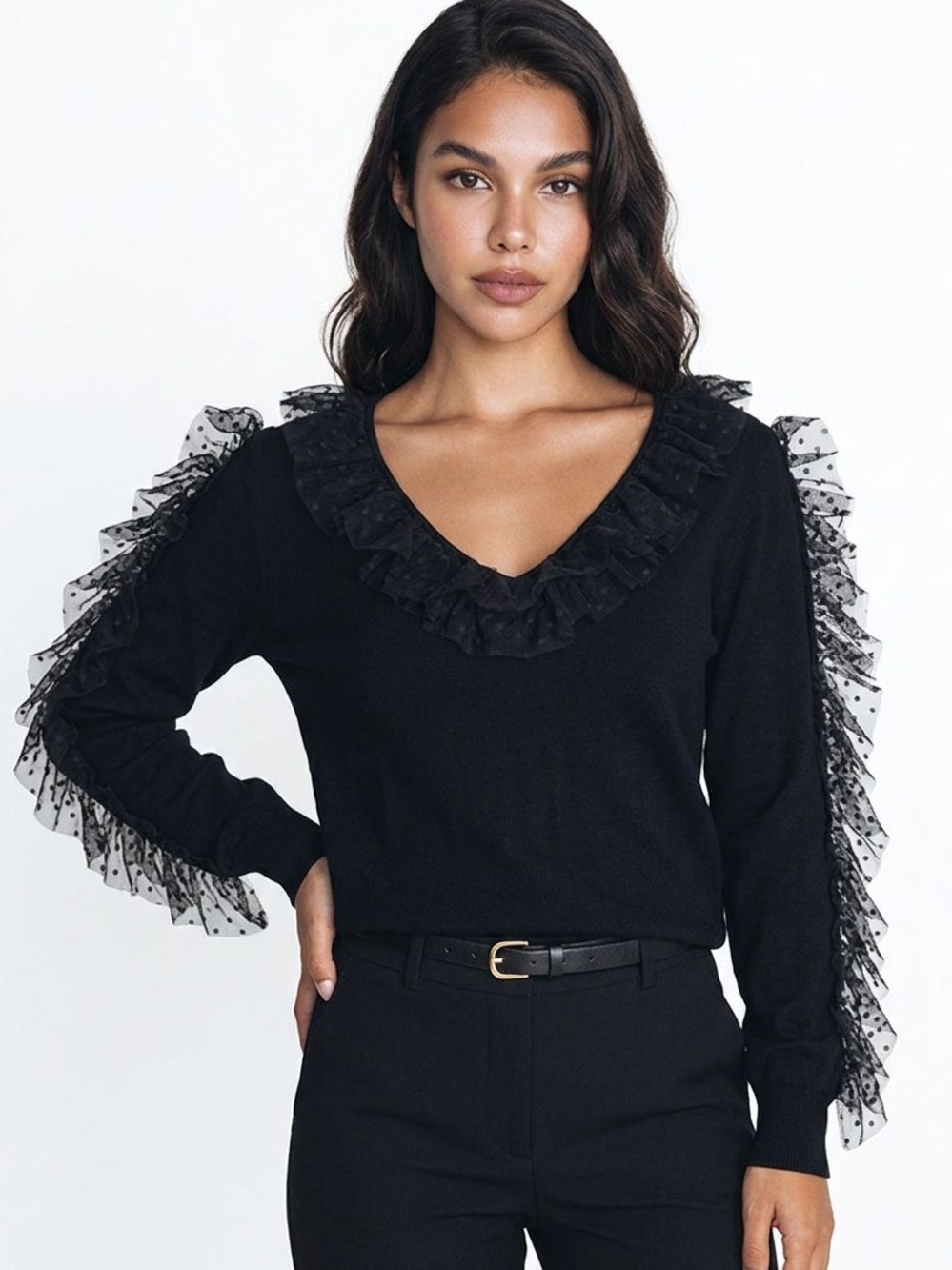 RONNY KOBO | Black V-Neck Sweater Dot Tulle Ruffle Trim Women’s Size Medium